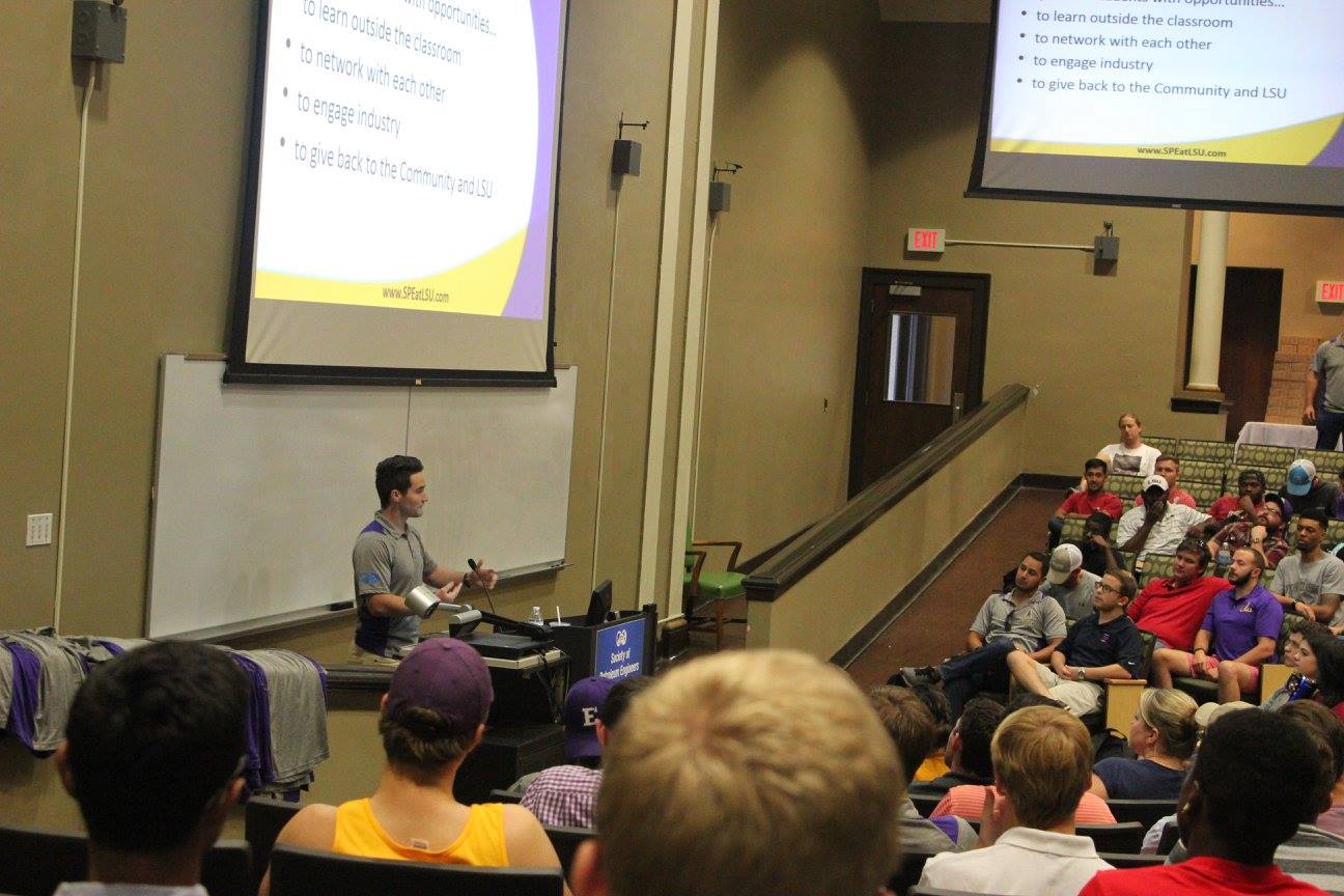 LSU SPE president Ty Nielson begins the first meeting of the semester
